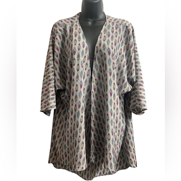 Lula Roe Colorful Feather Print Lightweight Open Cardigan Sz M - Picture 2 of 4